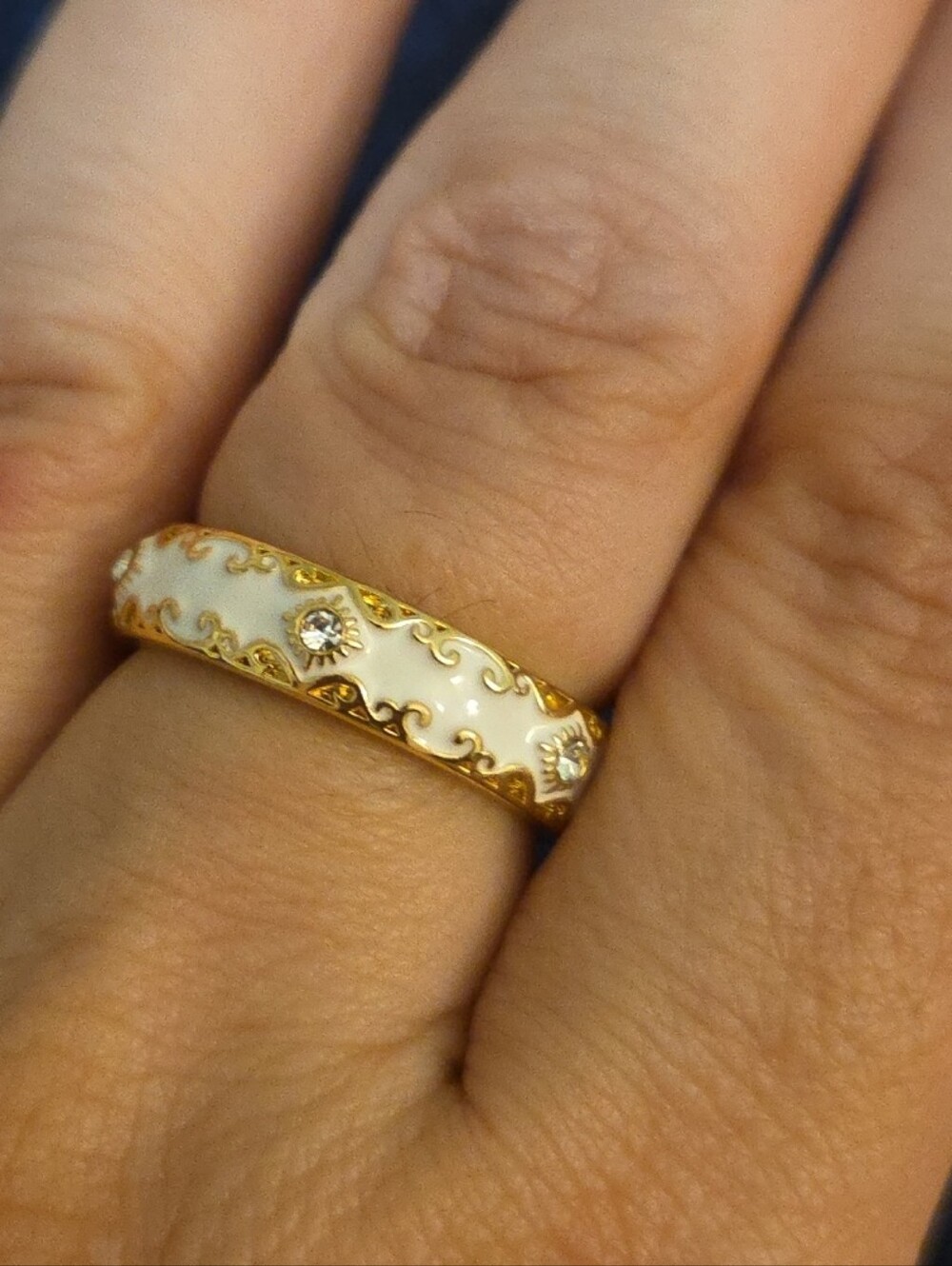 White Enamel Over Gold Tone Ring With CZ Accents NIB Size 7